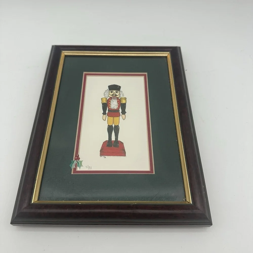 Vintage Framed Christmas Nutcracker Artwork Tiley designs Hand painted 8x6